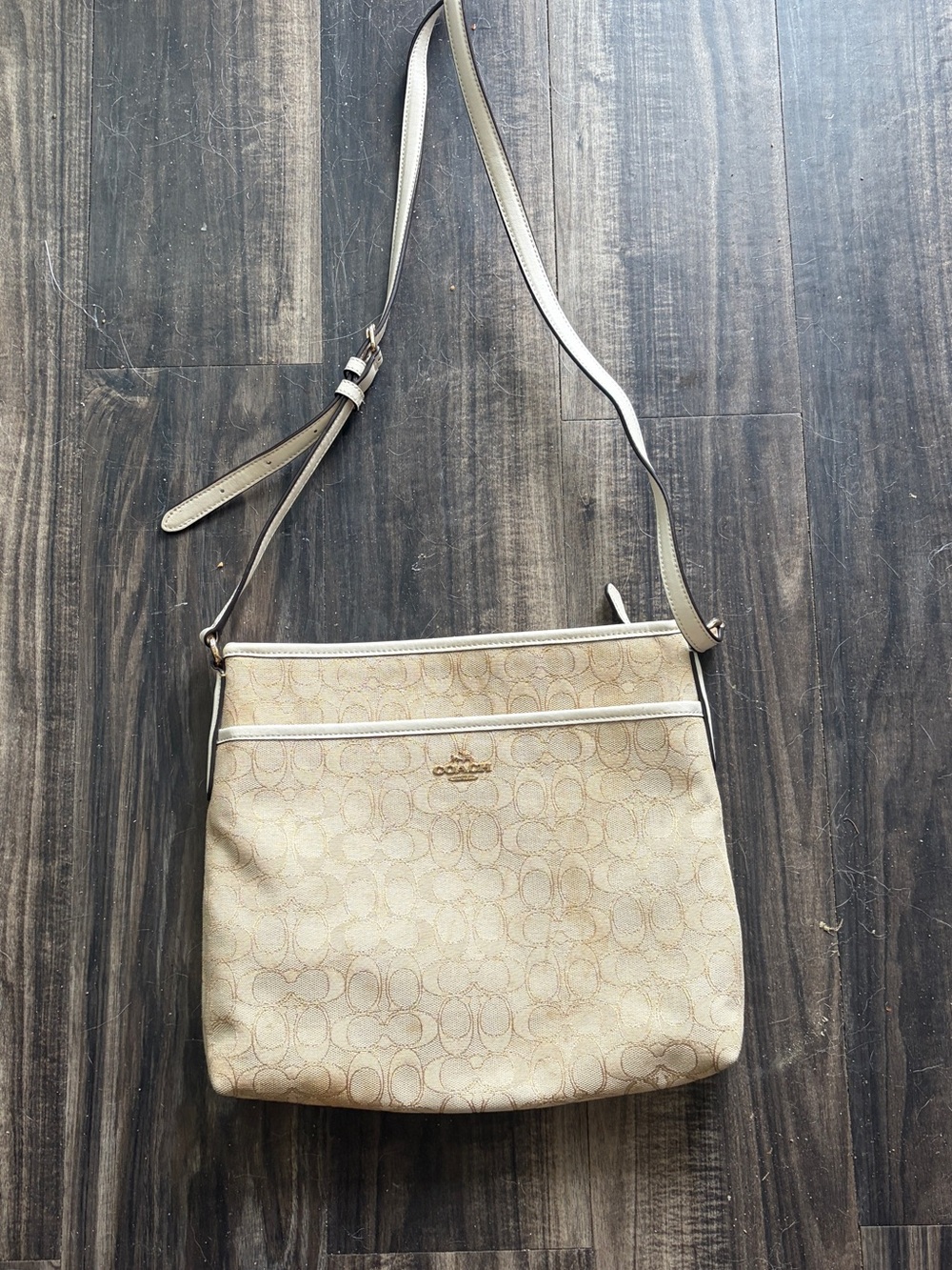 Coach Beige Signature Canvas Crossbody with Tan Trim